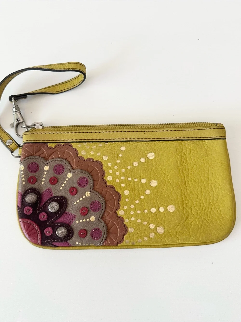 Fossil Chartreuse Leather Wristlet Clutch Applique Boho